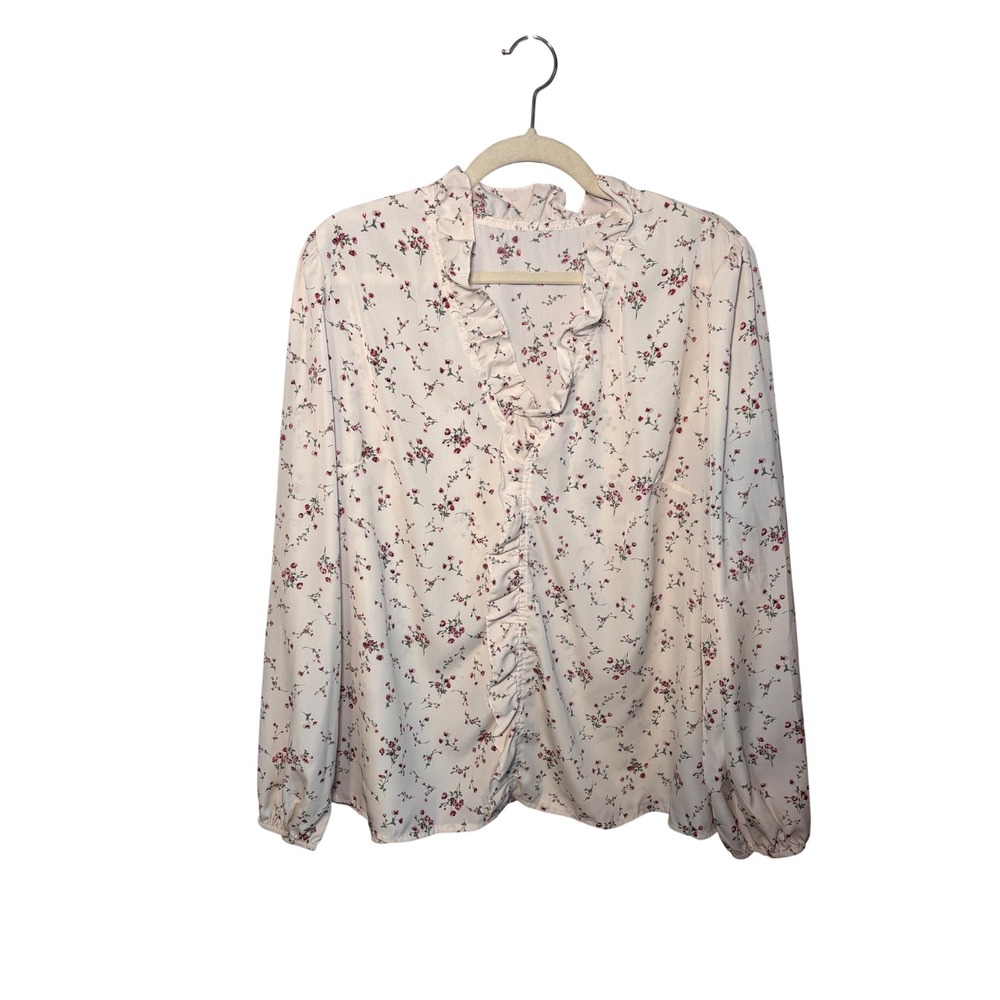 Shein Curve Womens Blouse 1XL Ivory Floral Ruffle V-Neck Pullover Cottagecore